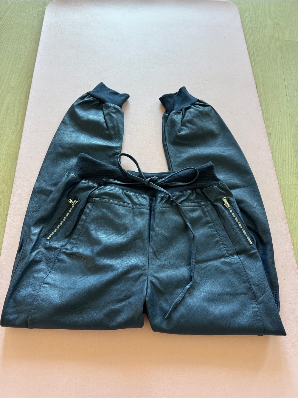 SusyD Blue Faux Leather Pants with barrel leg